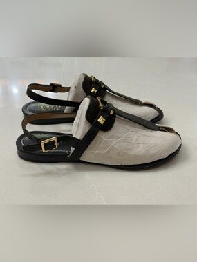 Franco Sarto Gram Studded Flat Sandals Black Leather Slingback T-Strap 8.5M